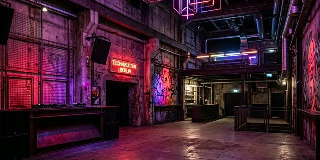 KitKat Club Berlin interior - neon lights and people in fetish gear dancing