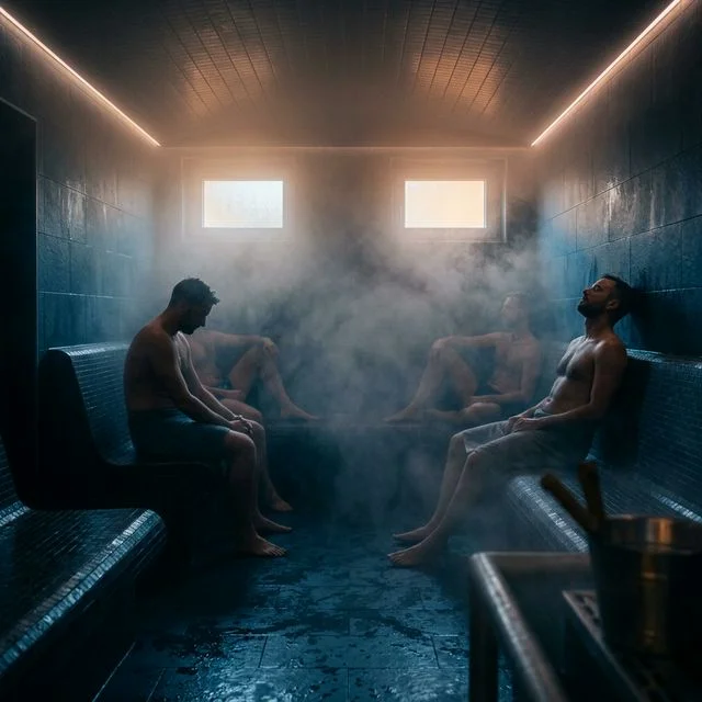 Berlin gay sauna darkroom area - red ambient lighting and cruising maze interior