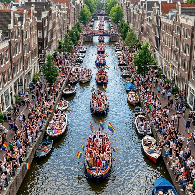 Amsterdam Gay Pride Canal Parade - decorated boats floating through historic canals
