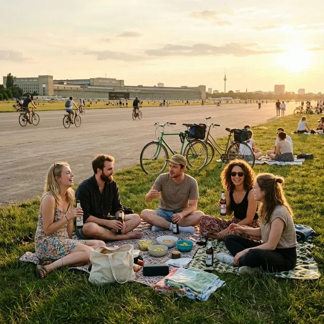 Gay men chilling and picnicking at Berlin Tempelhof Field former airport park