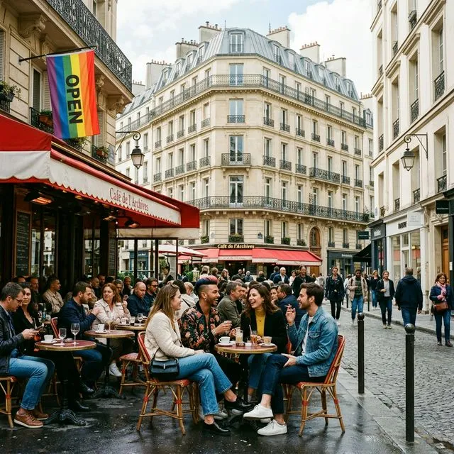 Paris Le Marais gay district - typical cafe terrace culture and historic architecture