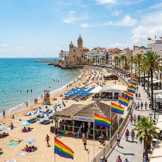 Sitges gay beach promenade - Mediterranean coastline with rainbow flags and palm trees
