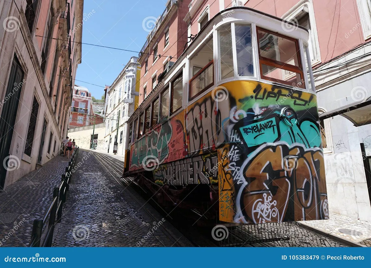 Lisbon yellow tram - historic Bairro Alto street scene with traditional architecture